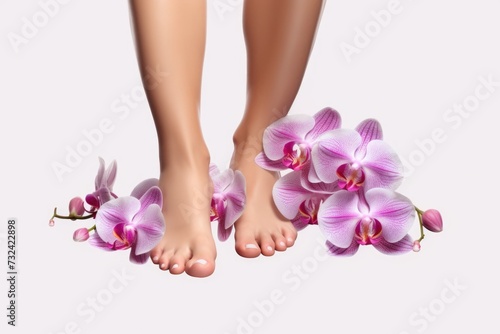 Close-up shot of a person s feet adorned with beautiful flowers. Perfect for adding a touch of nature and beauty to any project