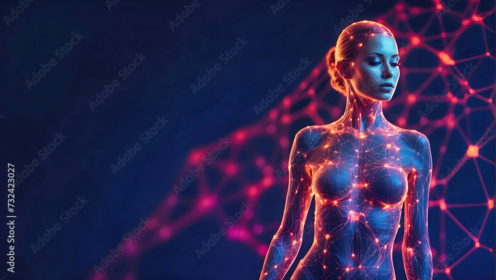 Schematic woman and a man full body structure made of glowing geometric pattern with small dot point network connection symbolizing network connections, holding hand, Generative AI Schematic woman and a man full body structure made of glowing geometric pattern with small dot point network connection symbolizing network connections, holding hand, Generative AI