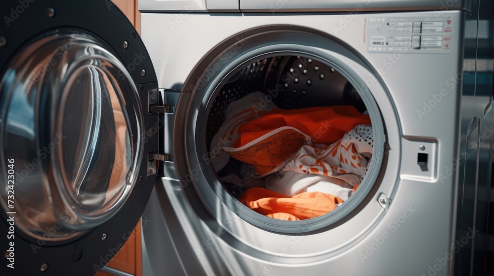 A detailed view of a washing machine with clothes inside. Perfect for illustrating household chores and laundry routines A detailed view of a washing machine with clothes inside. Perfect for illustrating household chores and laundry routines