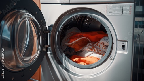 A detailed view of a washing machine with clothes inside. Perfect for illustrating household chores and laundry routines