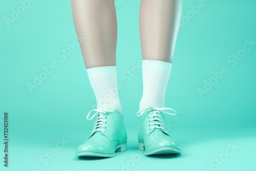 A close-up image of a woman's legs wearing stylish green shoes. Perfect for fashion blogs or shoe advertisements