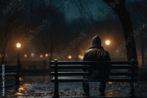 A person sitting on a bench in the rain. Can be used to depict solitude, contemplation, or a gloomy atmosphere