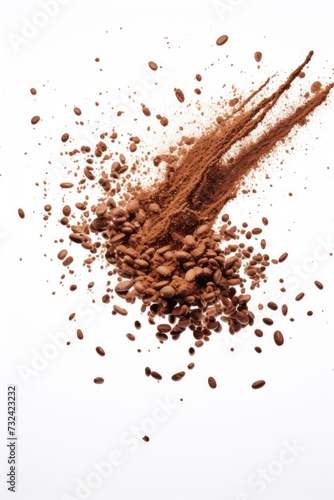 Coffee beans and powder arranged in a pile on a clean white surface. Ideal for coffee shop menus, advertisements, or articles about coffee brewing