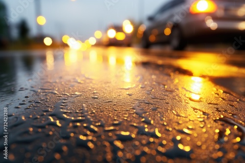A wet street with cars driving on it at night. Suitable for urban scenes or rainy cityscapes