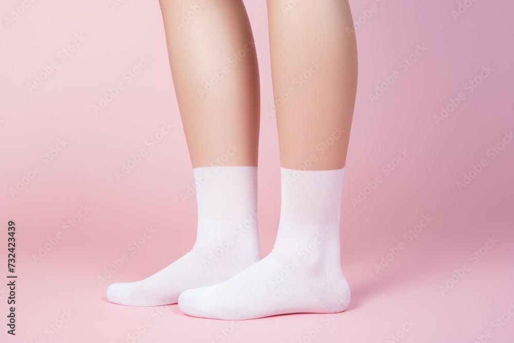 Woman's legs in white socks on a vibrant pink background. This versatile image can be used to add a pop of color and playfulness to various projects Woman's legs in white socks on a vibrant pink background. This versatile image can be used to add a pop of color and playfulness to various projects