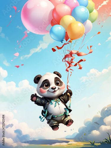 A flying baby panda holds a colorful balloon.