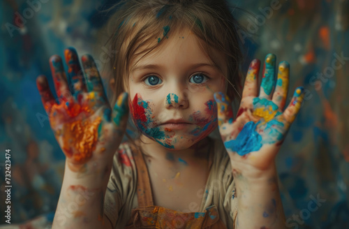 Portrait of little girl with paint on her face and arms