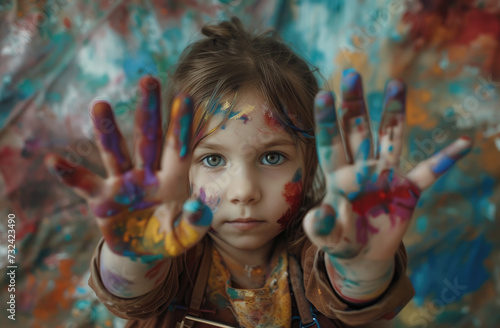 Portrait of little girl with paint on her face and arms