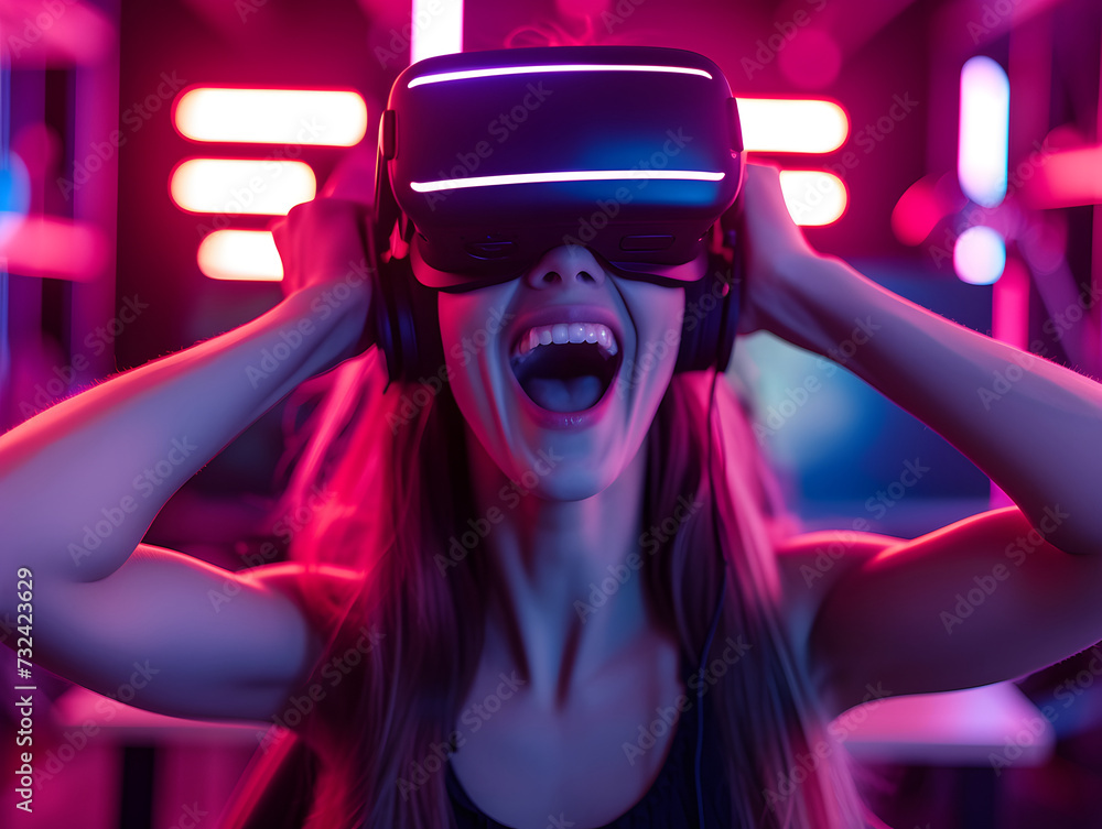 A girl wearing a VR headset and smiling while playing a computer game. A girl wearing a VR headset and smiling while playing a computer game.