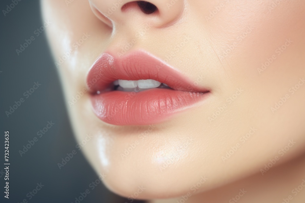 Fototapeta premium A close-up view of a woman's face, focusing on her vibrant pink lips. This image can be used to showcase beauty, cosmetics, or fashion trends