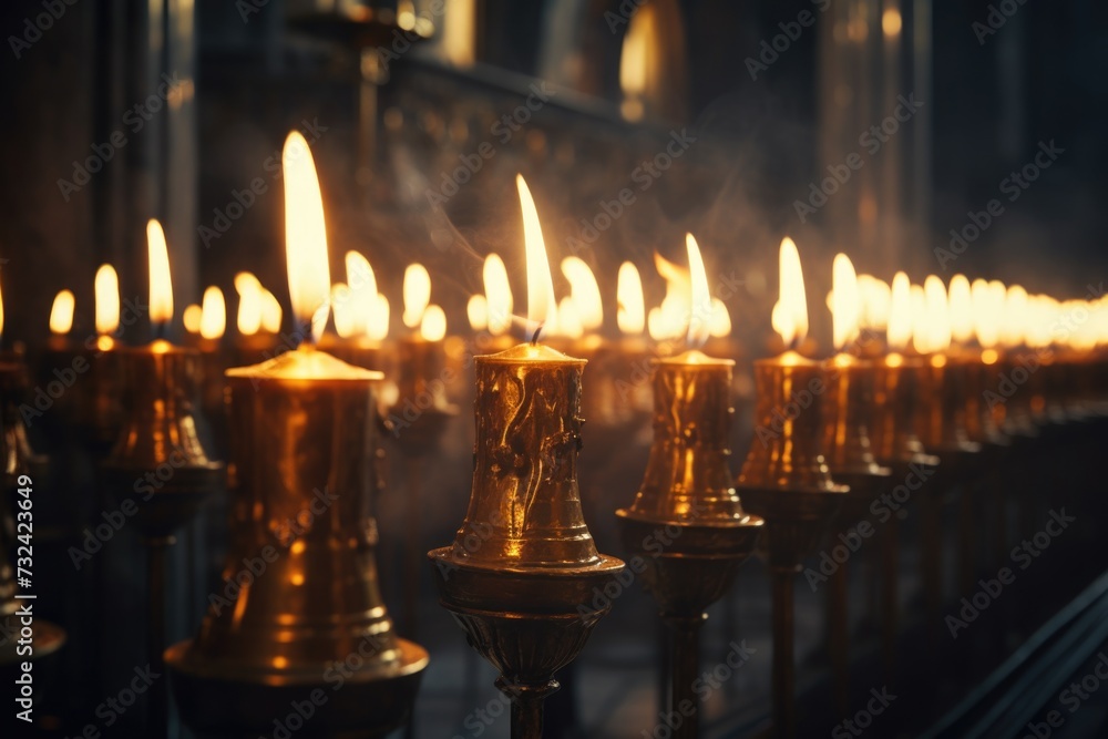 A row of golden candles sitting on top of a table. Ideal for home decor and special occasions A row of golden candles sitting on top of a table. Ideal for home decor and special occasions