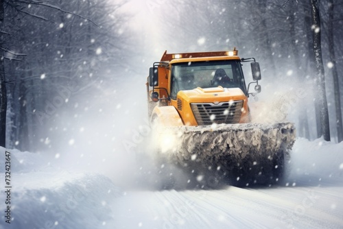 A snow plow driving down a snowy road. This image can be used to depict winter maintenance, snow removal, or transportation during snowy conditions