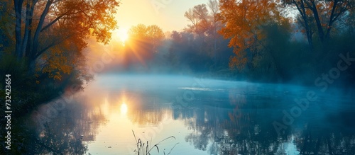 The sunrise casts a beautiful light on the foggy river, with the sun shining through trees, creating a picturesque natural landscape.