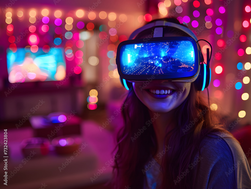 A girl wearing a VR headset and smiling while playing a computer game. A girl wearing a VR headset and smiling while playing a computer game.