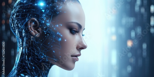 A woman with a futuristic head and face. This image can be used to depict advanced technology, artificial intelligence, or futuristic concepts