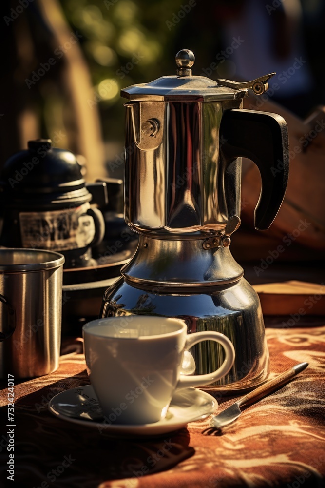 Coffee pot sitting on top of a table next to a cup. Perfect for coffee lovers and cafe scenes Coffee pot sitting on top of a table next to a cup. Perfect for coffee lovers and cafe scenes