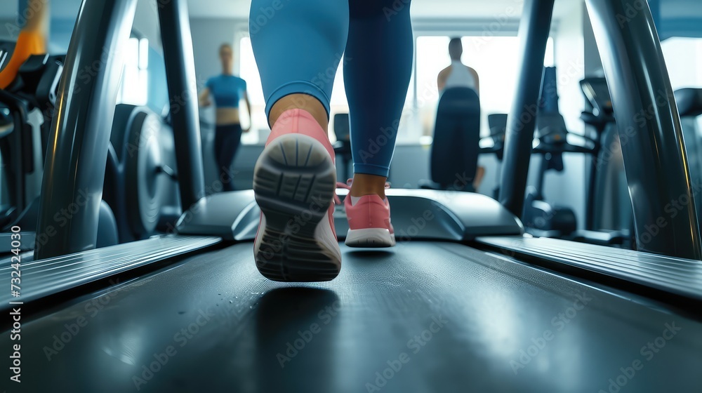 Legs of a girl running on a treadmill in the gym. Legs of a girl running on a treadmill in the gym.