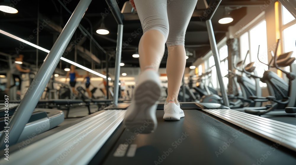 Legs of a girl running on a treadmill in the gym.