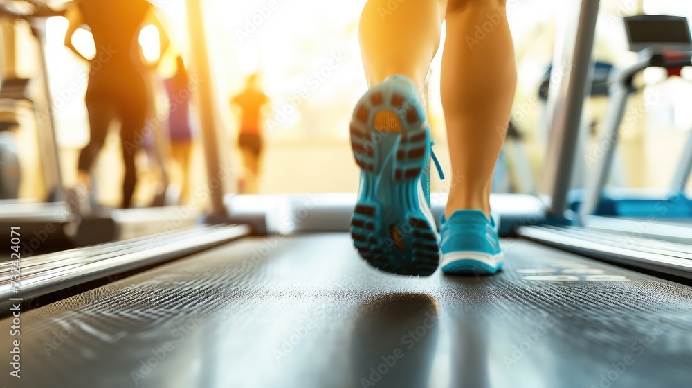Legs of a girl running on a treadmill in the gym. Legs of a girl running on a treadmill in the gym.