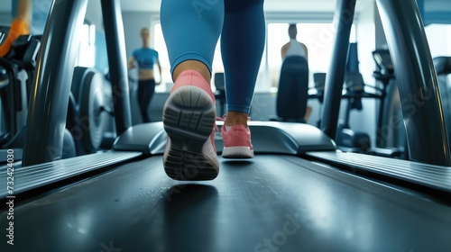Legs of a girl running on a treadmill in the gym. © poto8313