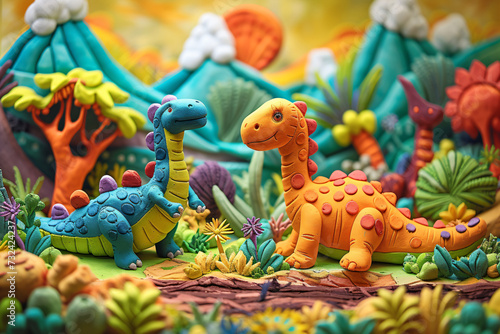 Handcrafted clay dinosaurs in prehistoric landscape. Artistic clay model of dinosaurs in a colorful jurassic setting. Prehistoric wildlife concept. Design for educational illustration, children's book