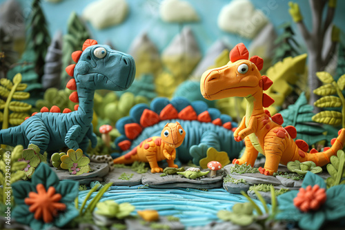 Clay crafted dinosaurs in a lush jurassic environment. Handmade detailed dinosaur figures surrounded by prehistoric flora. Dinosaur era concept. Design for animation, educational material photo