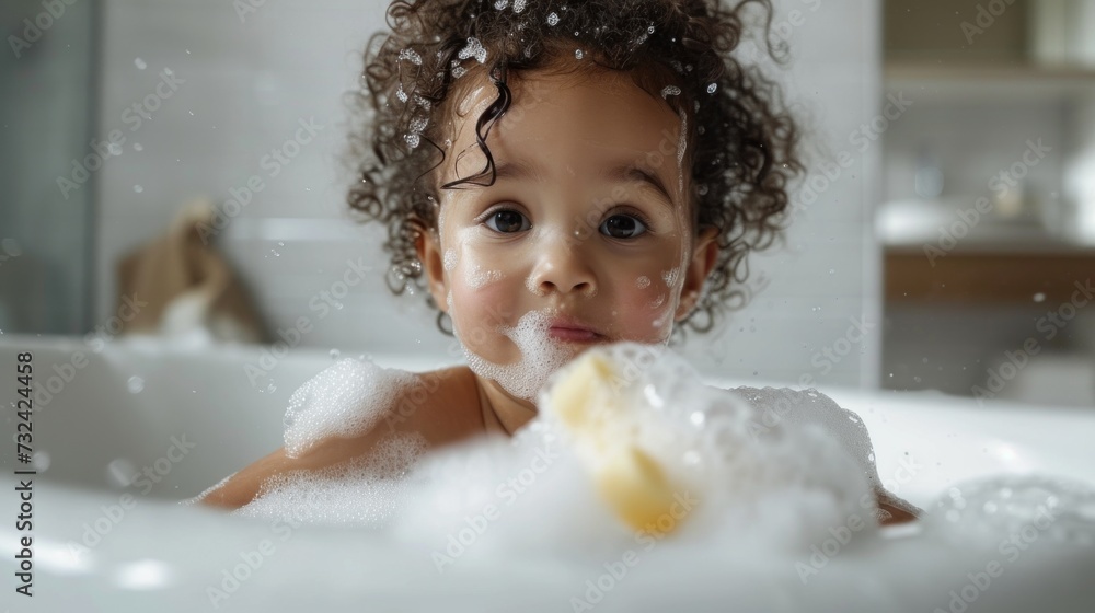 A joyful baby with curly hair smiling and splashing in a bathtub filled with suds. A joyful baby with curly hair smiling and splashing in a bathtub filled with suds.
