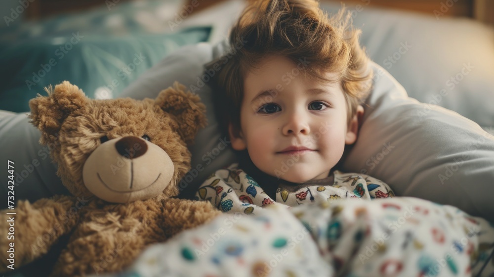 A young child with curly hair wearing pajamas laying in bed with a teddy bear. A young child with curly hair wearing pajamas laying in bed with a teddy bear.
