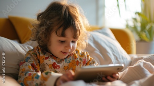 Young child with curly hair wearing colorful pajamas lying on a bed holding a tablet smiling with sunlight streaming in through a window.