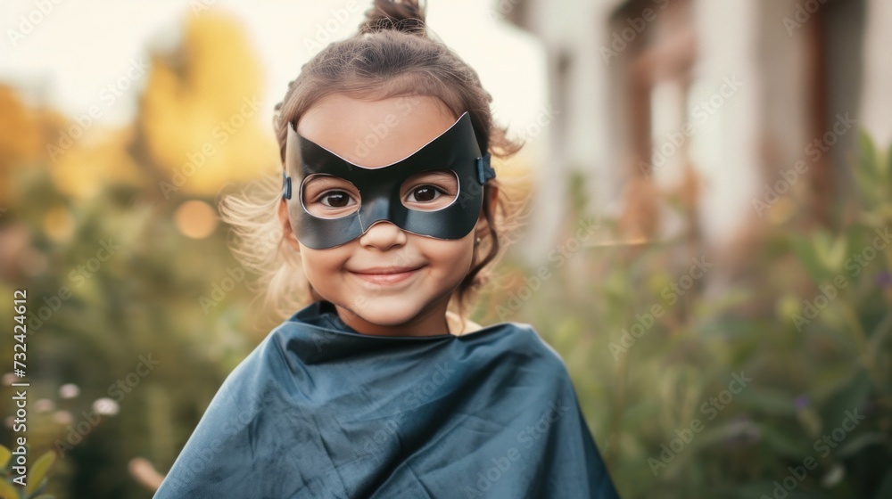 Young girl with a black mask and cape smiling brightly standing in a garden with blurred greenery and a building in the background. Young girl with a black mask and cape smiling brightly standing in a garden with blurred greenery and a building in the background.
