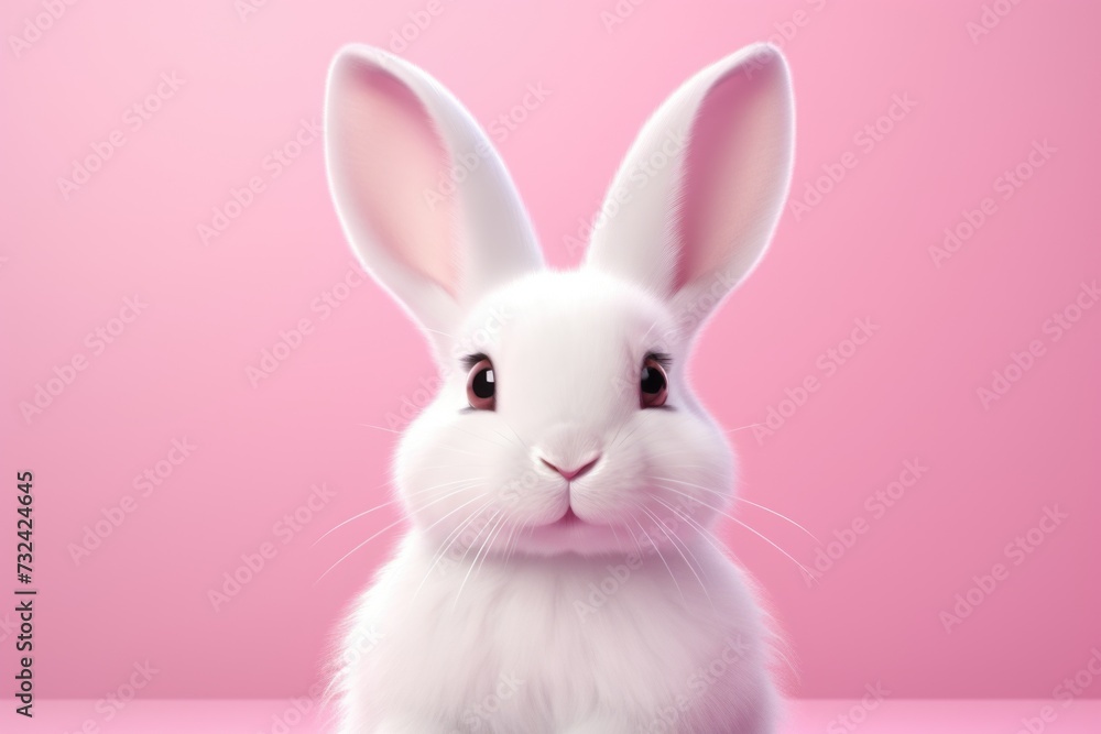 A white rabbit sitting on a pink surface. Perfect for animal lovers or Easter-themed designs A white rabbit sitting on a pink surface. Perfect for animal lovers or Easter-themed designs