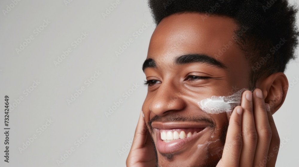 A young man with a beard and mustache smiling and applying a white substance to his face possibly a skincare product with a background of a plain white wall.