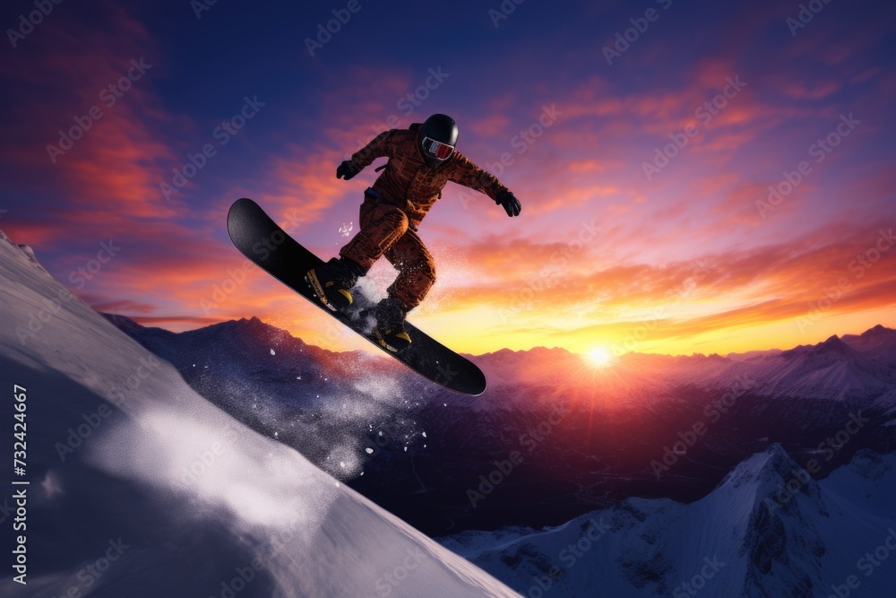 A person on a snowboard soaring through the air. Perfect for capturing the excitement and thrill of winter sports. Ideal for sports magazines, websites, and promotional materials