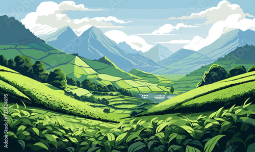 peaceful tea plantation in the mountains vector isolated illustration -