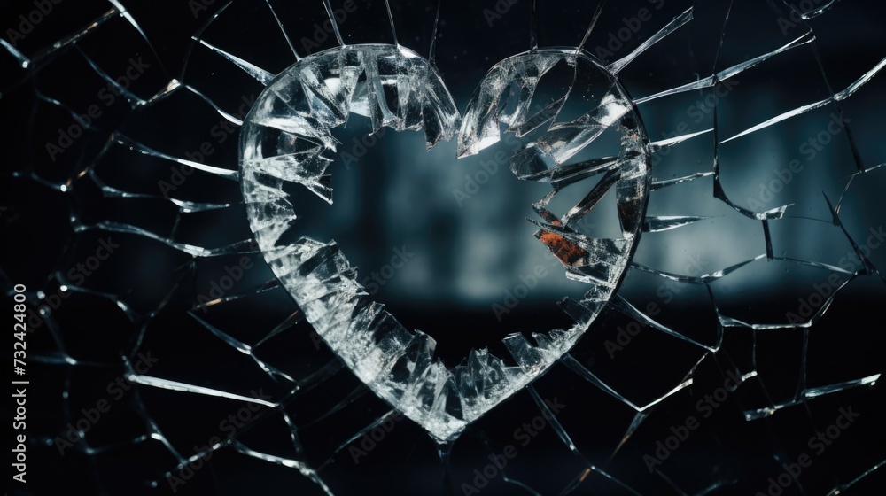 A broken glass window with a broken heart symbol on it. This image can be used to depict heartbreak, sadness, or shattered emotions. - obrazy, fototapety, plakaty 