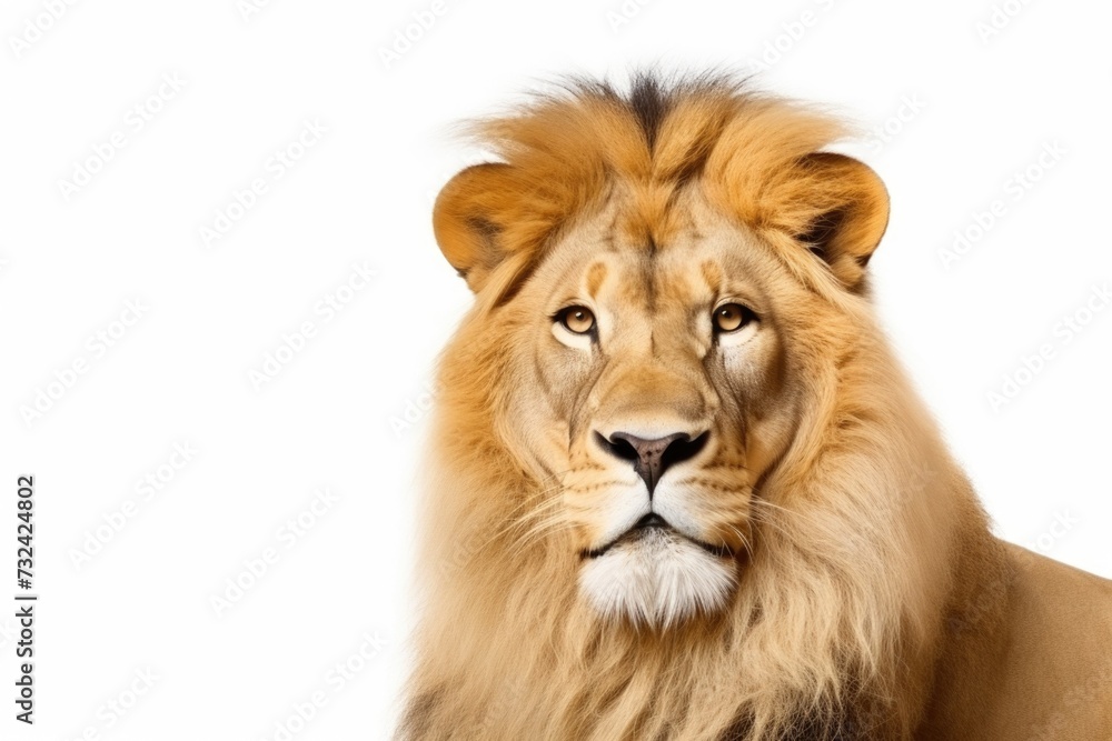 A close-up view of a lion on a white background. Ideal for wildlife enthusiasts or educational materials