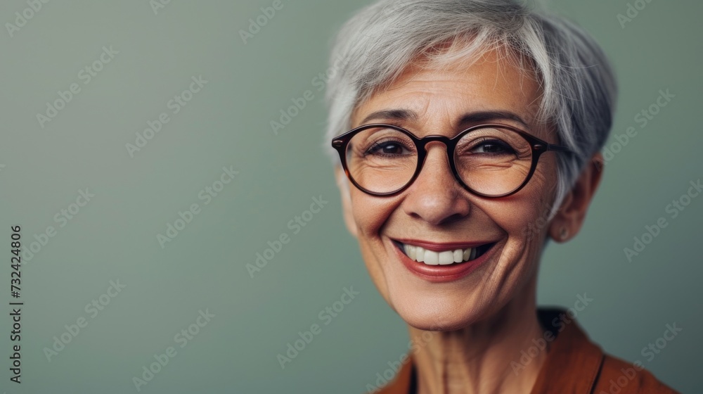 Smiling elderly woman with gray hair wearing glasses and a brown top against a soft green background. Smiling elderly woman with gray hair wearing glasses and a brown top against a soft green background.