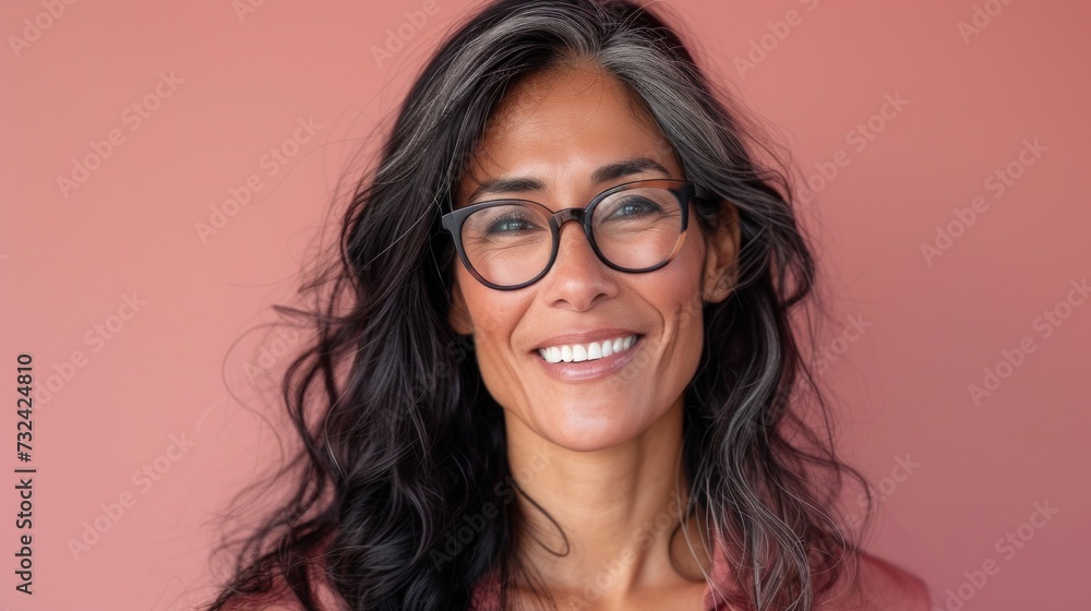 Smiling woman with dark hair and glasses wearing a pink top against a pink background.