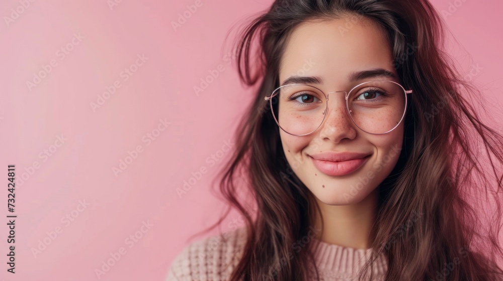 Young woman with long brown hair wearing round glasses smiling at camera against pink background.