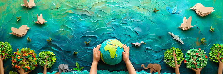 Close-up image of a child holding an earth-like sphere in his hand against a background of nature and animals made of paper
