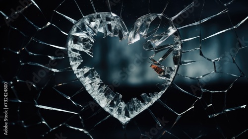 A broken glass window with a broken heart symbol on it. This image can be used to depict heartbreak, sadness, or shattered emotions. photo