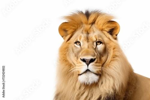 A close-up view of a lion on a white background. Ideal for wildlife enthusiasts or educational materials © Fotograf