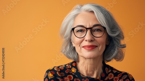 Woman with gray hair wearing glasses smiling and dressed in a patterned top against an orange background.