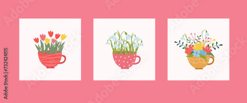 Set of spring hand drawn elements. Floral decor. Flowers  branches  bouquets  watering can  teapot  birdhouse. Spring holidays. Perfect for Valentine s Day  Women s Day  Easter  Mother s Day