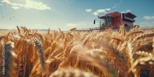 A red combiner machine in a beautiful wheat field. Perfect for agricultural and farming concepts