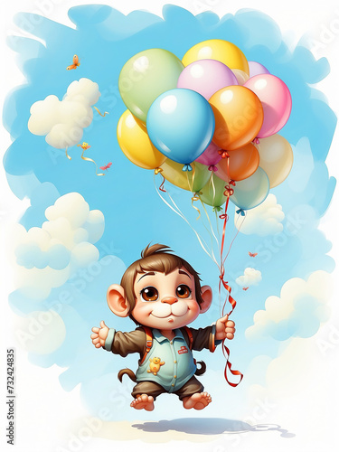 Baby monkey with balloon flying in blue sky.