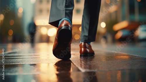 A man in a suit and shoes walking on a wet sidewalk. This image can be used to depict a professional or businessperson navigating through challenging conditions
