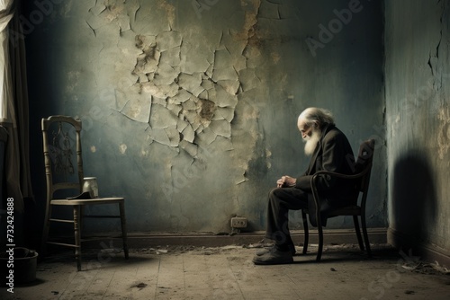 Solitary old man sitting alone in front of the door. Home room. Generate Ai