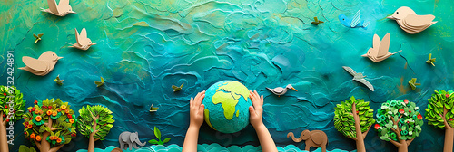 Close-up image of a child holding an earth-like sphere in his hand against a background of nature and animals made of paper