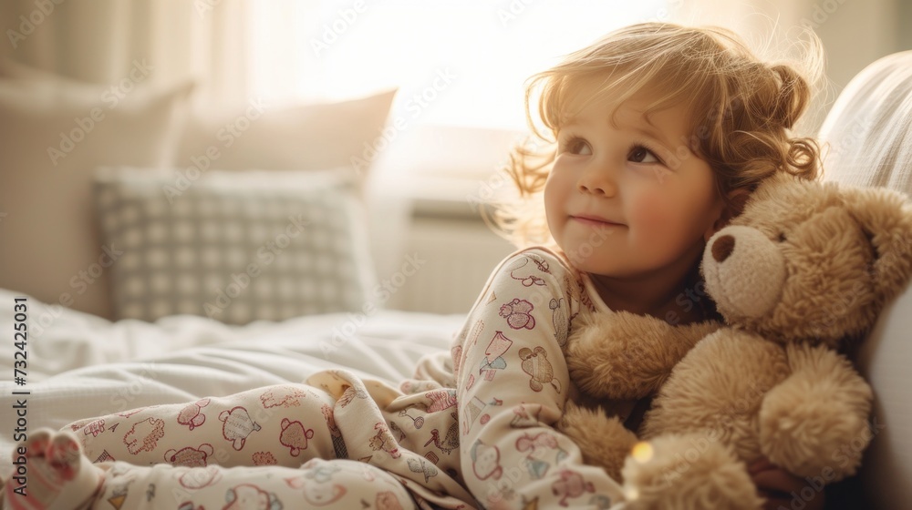 Young girl with blonde hair wearing pajamas with a floral pattern holding a large brown teddy bear sitting on a bed with white sheets and pillows looking up with a smile. Young girl with blonde hair wearing pajamas with a floral pattern holding a large brown teddy bear sitting on a bed with white sheets and pillows looking up with a smile.